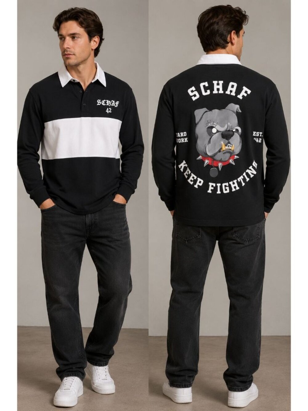 SCHAF Men’s Black & White Colorblock Rugby Polo Shirt Bulldog Graphic Xlarge